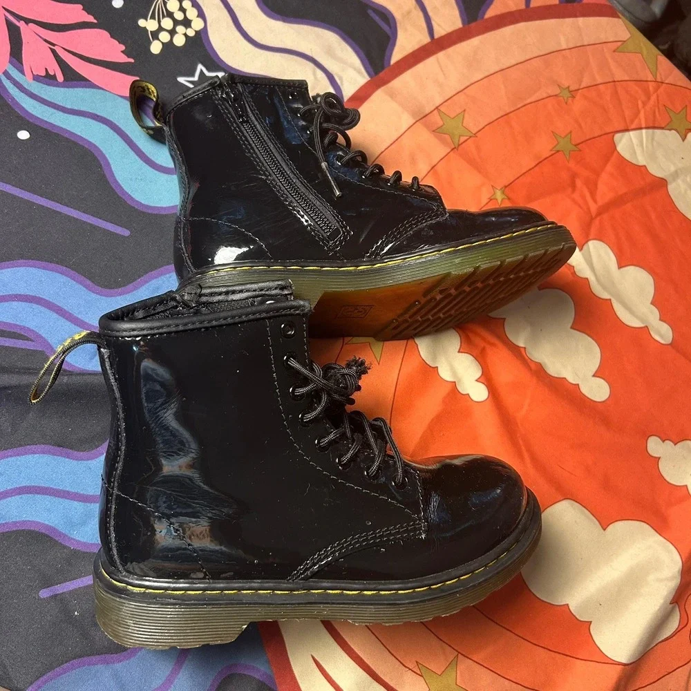 Dr. Martens 1460 J Kids Black Patent Leather Lace Up Side Zip Boots Size 1 US